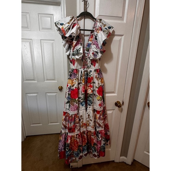 Bella Burnett  Floral Print Maxi Dress Ruffle Sleeve Smocked Waist Tie - Picture 6 of 12